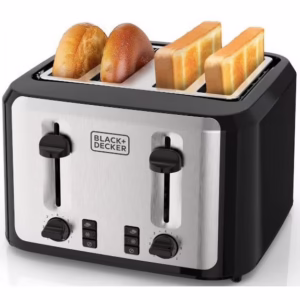 Black+Decker 4-Slice Toaster with Extra-Wide Slots and Drop-Down Crumb Tray, Black/Silver